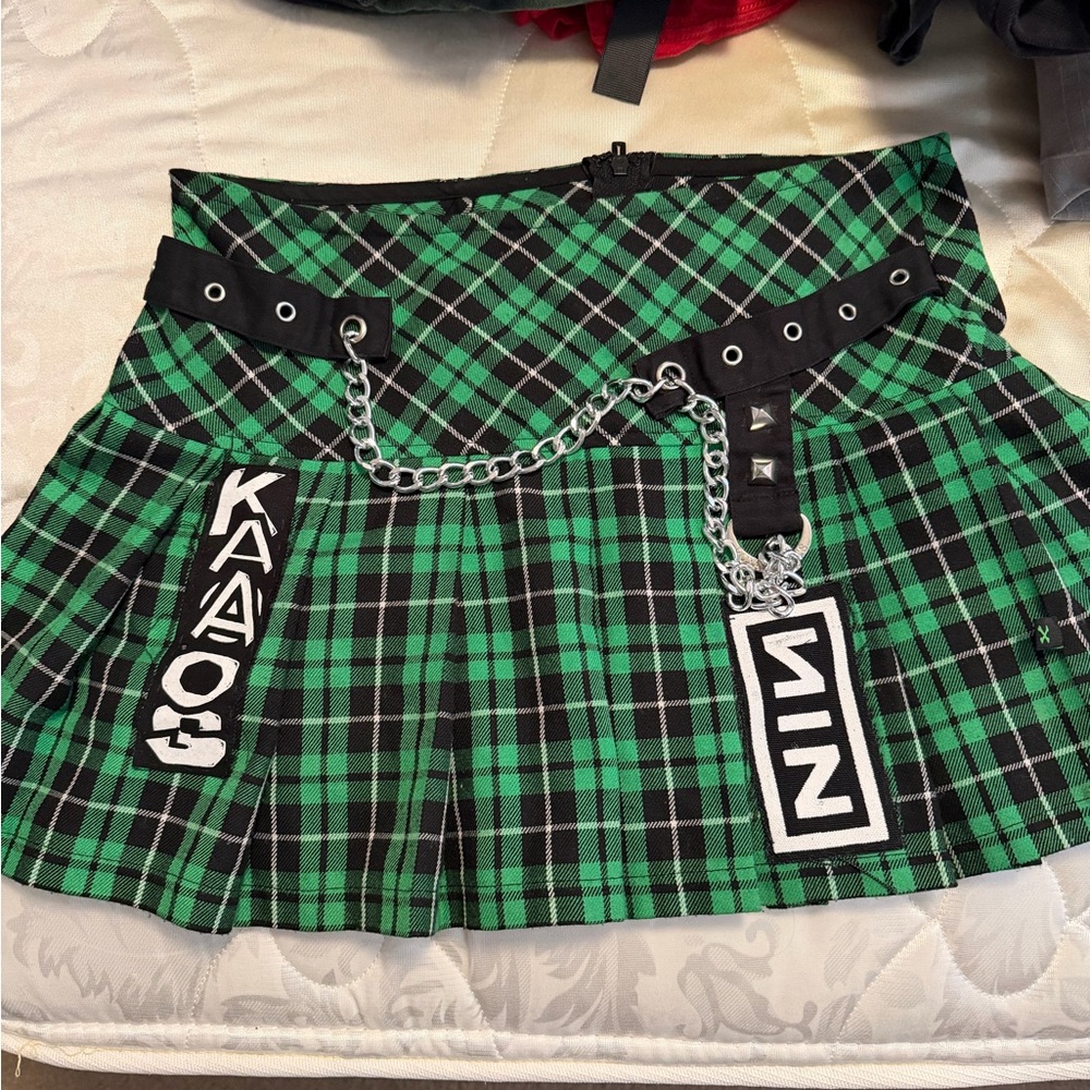 Royal Bones Green Plaid Pleated Mini Skirt with Chain & Patch Details
